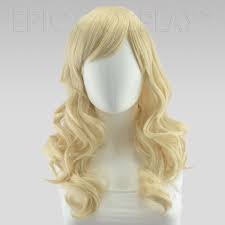 A blonde curled mid-length wig with parted fringe shown on a white head dummy